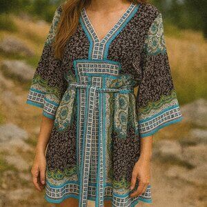 Boho-Chic Printed Tunic Dress with Tie Waist – Size 10